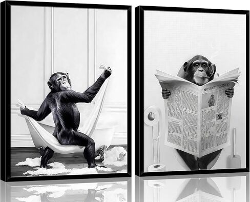Framed 2 Pcs Bathroom Wall Art Funny Monkey Painting Poster Black and White Canvas Print Fun Animal Picture Bedroom Kids Bathroom Study Country Farmhouse Decor Ready to Hang 12" x 16" in Saudi Arabia