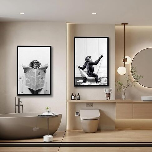 Framed 2 Pcs Bathroom Wall Art Funny Monkey Painting Poster Black and White Canvas Print Fun Animal Picture Bedroom Kids Bathroom Study Country Farmhouse Decor Ready to Hang 12" x 16" in Saudi Arabia