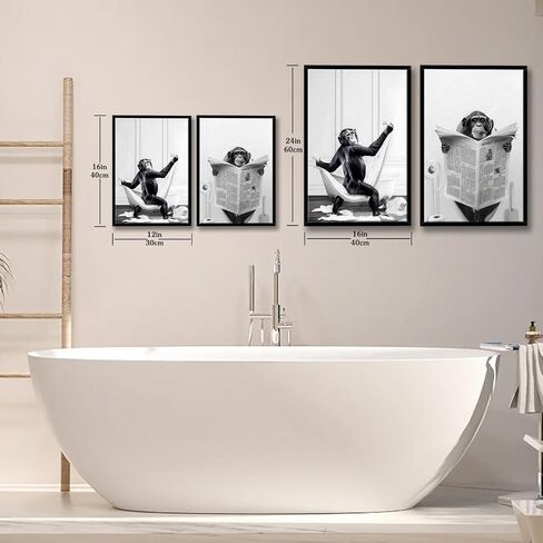 Framed 2 Pcs Bathroom Wall Art Funny Monkey Painting Poster Black and White Canvas Print Fun Animal Picture Bedroom Kids Bathroom Study Country Farmhouse Decor Ready to Hang 12" x 16" in Saudi Arabia