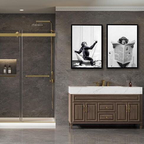 Framed 2 Pcs Bathroom Wall Art Funny Monkey Painting Poster Black and White Canvas Print Fun Animal Picture Bedroom Kids Bathroom Study Country Farmhouse Decor Ready to Hang 12" x 16" in Saudi Arabia