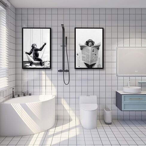 Framed 2 Pcs Bathroom Wall Art Funny Monkey Painting Poster Black and White Canvas Print Fun Animal Picture Bedroom Kids Bathroom Study Country Farmhouse Decor Ready to Hang 12" x 16" in Saudi Arabia