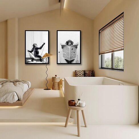 Framed 2 Pcs Bathroom Wall Art Funny Monkey Painting Poster Black and White Canvas Print Fun Animal Picture Bedroom Kids Bathroom Study Country Farmhouse Decor Ready to Hang 12" x 16" in Saudi Arabia