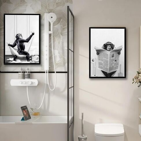 Framed 2 Pcs Bathroom Wall Art Funny Monkey Painting Poster Black and White Canvas Print Fun Animal Picture Bedroom Kids Bathroom Study Country Farmhouse Decor Ready to Hang 12" x 16" in Saudi Arabia