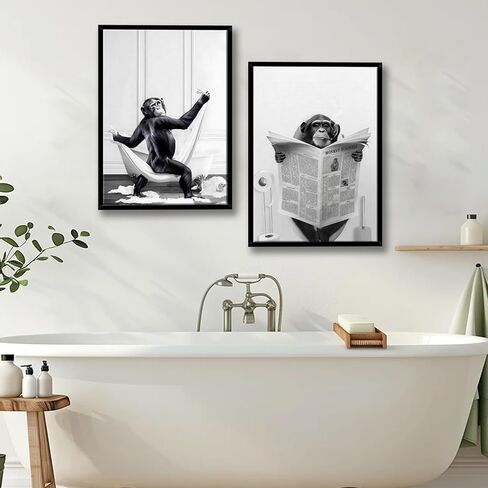 Framed 2 Pcs Bathroom Wall Art Funny Monkey Painting Poster Black and White Canvas Print Fun Animal Picture Bedroom Kids Bathroom Study Country Farmhouse Decor Ready to Hang 12" x 16" in Saudi Arabia