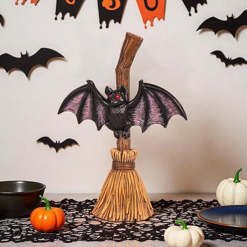 Bat Halloween Figurines Decoration - 5.9" Halloween Centerpieces for Tables, Bat with Witch's Broom Statue for Home, Indoor Tabletop Desk Mantel Tiered Tray Kitchen Decor in Saudi Arabia