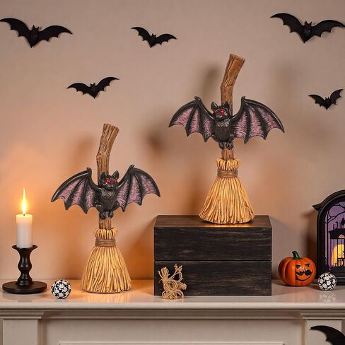 Bat Halloween Figurines Decoration - 5.9" Halloween Centerpieces for Tables, Bat with Witch's Broom Statue for Home, Indoor Tabletop Desk Mantel Tiered Tray Kitchen Decor in Saudi Arabia