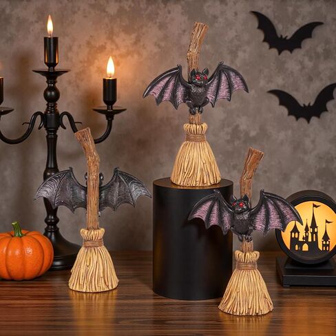 Bat Halloween Figurines Decoration - 5.9" Halloween Centerpieces for Tables, Bat with Witch's Broom Statue for Home, Indoor Tabletop Desk Mantel Tiered Tray Kitchen Decor in Saudi Arabia