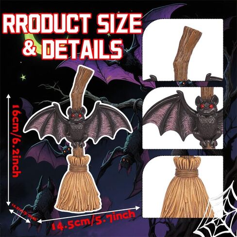 Bat Halloween Figurines Decoration - 5.9" Halloween Centerpieces for Tables, Bat with Witch's Broom Statue for Home, Indoor Tabletop Desk Mantel Tiered Tray Kitchen Decor in Saudi Arabia
