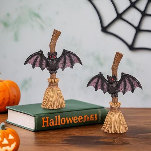 Bat Halloween Figurines Decoration - 5.9" Halloween Centerpieces for Tables, Bat with Witch's Broom Statue for Home, Indoor Tabletop Desk Mantel Tiered Tray Kitchen Decor in Saudi Arabia