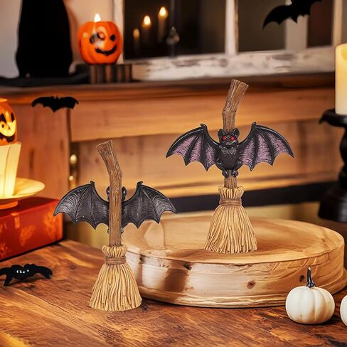 Bat Halloween Figurines Decoration - 5.9" Halloween Centerpieces for Tables, Bat with Witch's Broom Statue for Home, Indoor Tabletop Desk Mantel Tiered Tray Kitchen Decor in Saudi Arabia