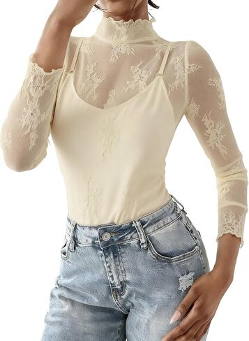 materasu 2024 Womens Mesh Sheer Long Sleeve Layering Top Mock Neck Lace Floral See Through Shirt Blouses in Kuwait