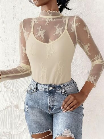 materasu 2024 Womens Mesh Sheer Long Sleeve Layering Top Mock Neck Lace Floral See Through Shirt Blouses in Kuwait