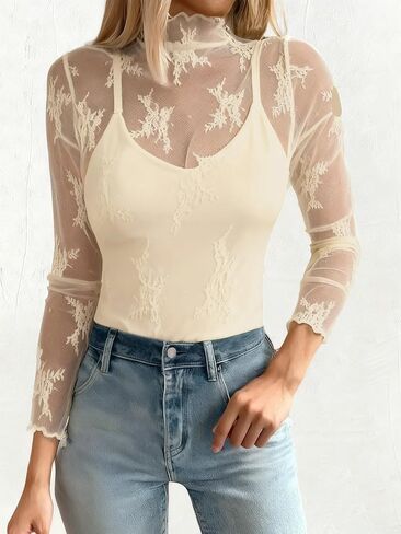 materasu 2024 Womens Mesh Sheer Long Sleeve Layering Top Mock Neck Lace Floral See Through Shirt Blouses in Kuwait