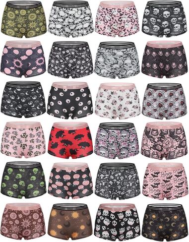 Morvia Gothic Halloween Print Boyshorts الملابس الداخلية، 6 حزم، شريط مطاطي عالي التباين، أسود وأحمر جمجمة أنماط مخيفة in Kuwait
