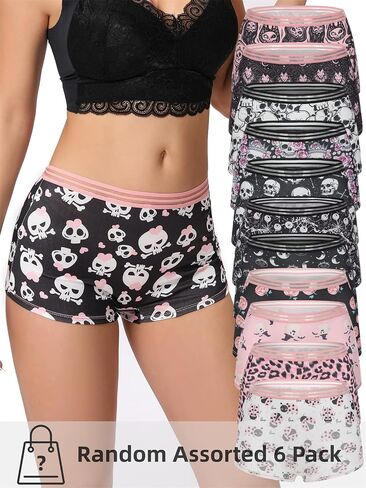 Morvia Gothic Halloween Print Boyshorts الملابس الداخلية، 6 حزم، شريط مطاطي عالي التباين، أسود وأحمر جمجمة أنماط مخيفة in Kuwait