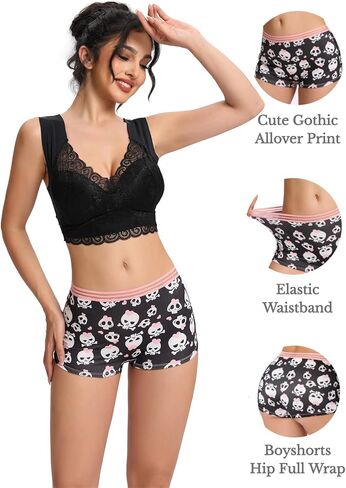 Morvia Gothic Halloween Print Boyshorts الملابس الداخلية، 6 حزم، شريط مطاطي عالي التباين، أسود وأحمر جمجمة أنماط مخيفة in Kuwait