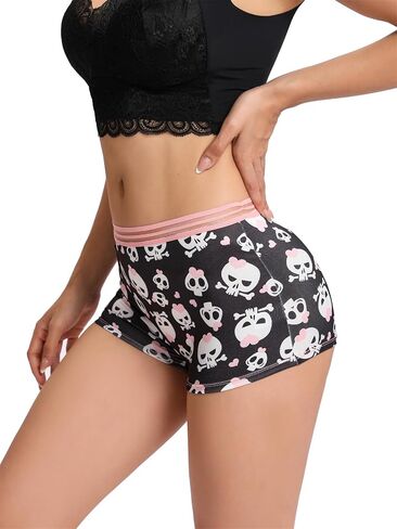 Morvia Gothic Halloween Print Boyshorts الملابس الداخلية، 6 حزم، شريط مطاطي عالي التباين، أسود وأحمر جمجمة أنماط مخيفة in Kuwait