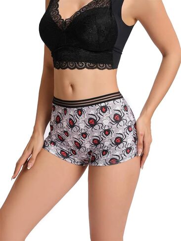 Morvia Gothic Halloween Print Boyshorts الملابس الداخلية، 6 حزم، شريط مطاطي عالي التباين، أسود وأحمر جمجمة أنماط مخيفة in Kuwait