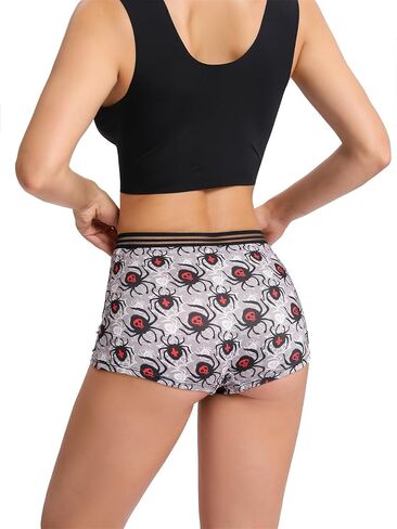 Morvia Gothic Halloween Print Boyshorts الملابس الداخلية، 6 حزم، شريط مطاطي عالي التباين، أسود وأحمر جمجمة أنماط مخيفة in Kuwait