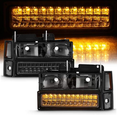 ACANII - For 1994-1998 Chevy Silverado C/K 1500 Tahoe Suburban Smoked Headlights+LED Bumper Lights+Corner Lamps 8Pcs Set in Saudi Arabia