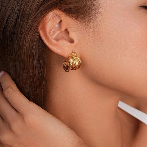 Chunky Gold Earrings 14K Gold Plated Statement Earrings for Women Trendy Hypoallergenic Textured Hoop Ribbed Huggie Earrings in Saudi Arabia