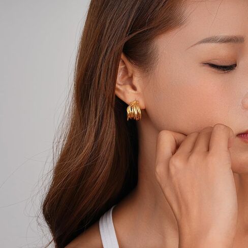 Chunky Gold Earrings 14K Gold Plated Statement Earrings for Women Trendy Hypoallergenic Textured Hoop Ribbed Huggie Earrings in Saudi Arabia