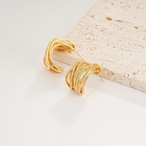 Chunky Gold Earrings 14K Gold Plated Statement Earrings for Women Trendy Hypoallergenic Textured Hoop Ribbed Huggie Earrings in Saudi Arabia