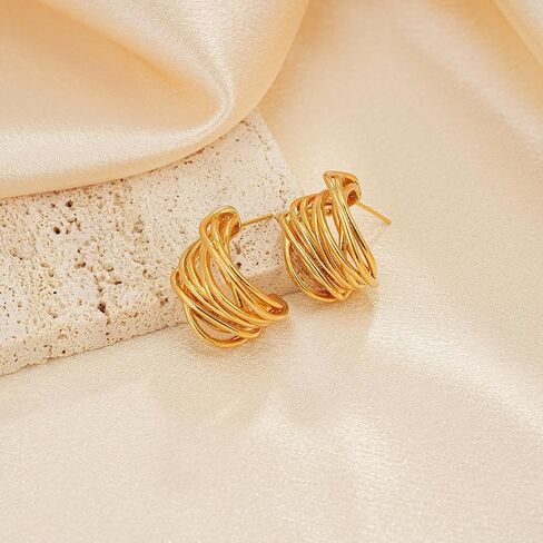 Chunky Gold Earrings 14K Gold Plated Statement Earrings for Women Trendy Hypoallergenic Textured Hoop Ribbed Huggie Earrings in Saudi Arabia