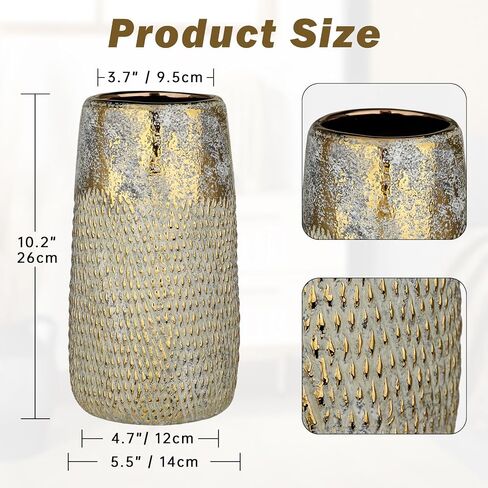 10.2" Ceramic Flower Vintage Vase - Gold Textured Metal Ceramic Vase for Farmhouse Modern Home Decor Pampas Grass Centerpieces Living Room Bedroom Office Decoration in Kuwait