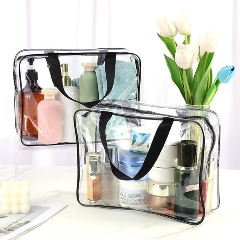 10 عبوات من حقيبة المكياج الشفافة الكبيرة حقيبة أدوات الزينة الشفافة مع سحاب ومقبض حقيبة مستحضرات التجميل للسفر حقيبة بلاستيك PVC بسحاب منظمو in Kuwait