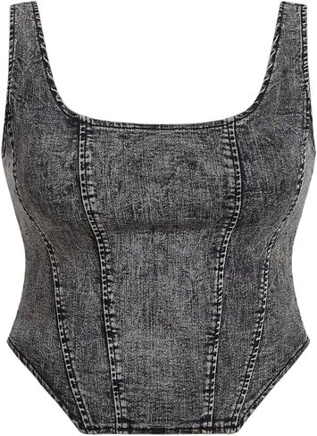 Milumia Women's Plus Size Square Neck Denim Corset Tank Top Sleeveless Asymmetrical Hem Crop Tops in Saudi Arabia