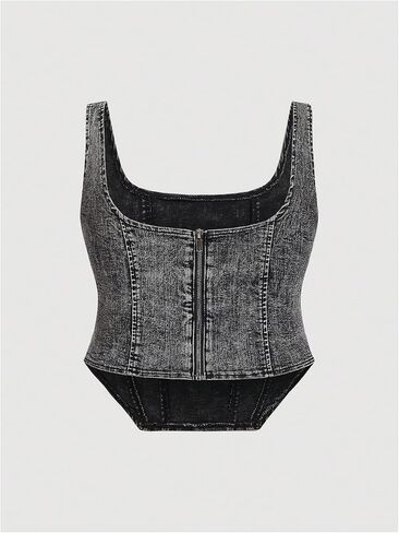 Milumia Women's Plus Size Square Neck Denim Corset Tank Top Sleeveless Asymmetrical Hem Crop Tops in Saudi Arabia