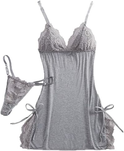 Women's Sexy Floral Lace Strap Nightwear Babydoll Lingerie Dress with Thong 2 Piece in Kuwait