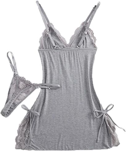 Women's Sexy Floral Lace Strap Nightwear Babydoll Lingerie Dress with Thong 2 Piece in Kuwait