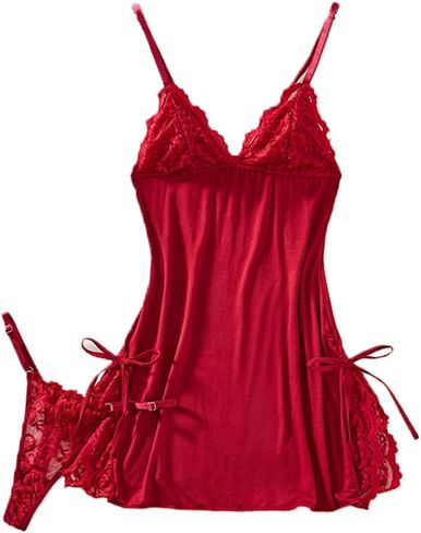 Women's Sexy Floral Lace Strap Nightwear Babydoll Lingerie Dress with Thong 2 Piece in Kuwait