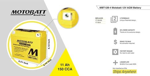 MotoBatt MBT12B4 (12V 11 Amp) 150CCA Factory Activated QuadFlex AGM Battery Replaces - YT12BBS, YT12B4 in Saudi Arabia