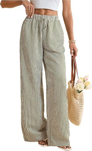 Women's Striped Wide Leg Pants Drawstring Waist Long Trousers Casual Lounge Pants in Saudi Arabia