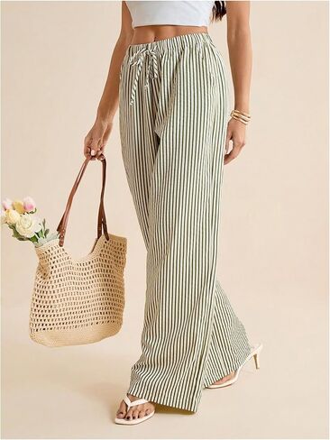 Women's Striped Wide Leg Pants Drawstring Waist Long Trousers Casual Lounge Pants in Saudi Arabia