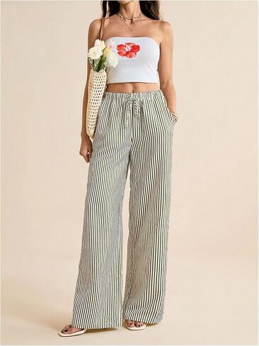 Women's Striped Wide Leg Pants Drawstring Waist Long Trousers Casual Lounge Pants in Saudi Arabia