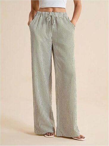 Women's Striped Wide Leg Pants Drawstring Waist Long Trousers Casual Lounge Pants in Saudi Arabia