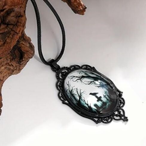 YWMAN 2Pcs Goth Edgar Allan Poe Necklace Set, Raven Cross/Black Cat Cameo Necklace, Gothic Literary Jewelry for Women, Halloween Jewelry for Book Lover & Dark Academia, Gothic Horror Reader's Gift in Saudi Arabia