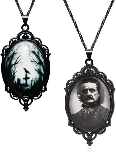 YWMAN 2Pcs Goth Edgar Allan Poe Necklace Set, Raven Cross/Black Cat Cameo Necklace, Gothic Literary Jewelry for Women, Halloween Jewelry for Book Lover & Dark Academia, Gothic Horror Reader's Gift in Saudi Arabia
