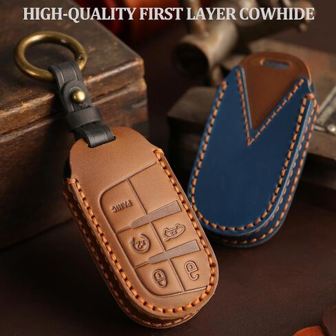 Leather Key Case, Compatible with Jeep Grand Cherokee Renegade Compass Dodge RAM Durango, No Screw (Brown) in Saudi Arabia