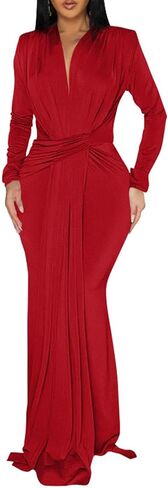 Memoriesea Women's Elegant Long Sleeve Deep V Neck Bodycon Party Evening Gown Maxi Dress in Kuwait