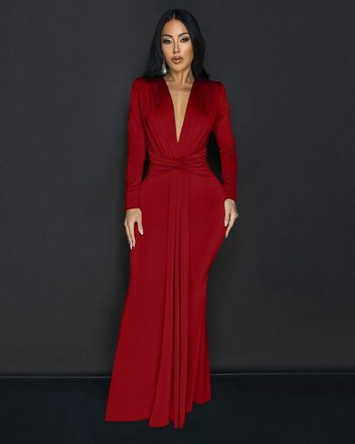 Memoriesea Women's Elegant Long Sleeve Deep V Neck Bodycon Party Evening Gown Maxi Dress in Kuwait