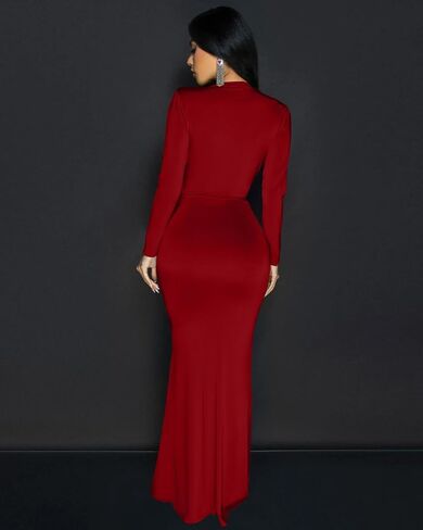 Memoriesea Women's Elegant Long Sleeve Deep V Neck Bodycon Party Evening Gown Maxi Dress in Kuwait