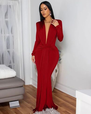 Memoriesea Women's Elegant Long Sleeve Deep V Neck Bodycon Party Evening Gown Maxi Dress in Kuwait