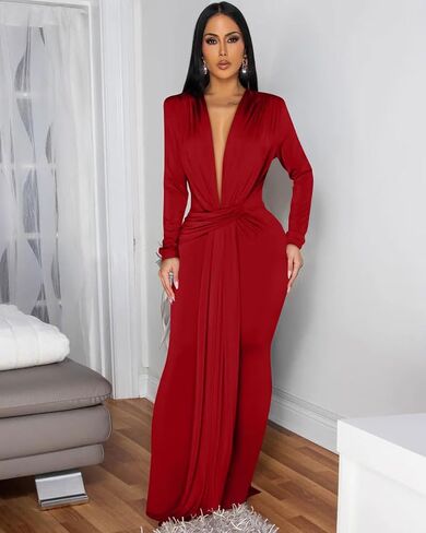 Memoriesea Women's Elegant Long Sleeve Deep V Neck Bodycon Party Evening Gown Maxi Dress in Kuwait