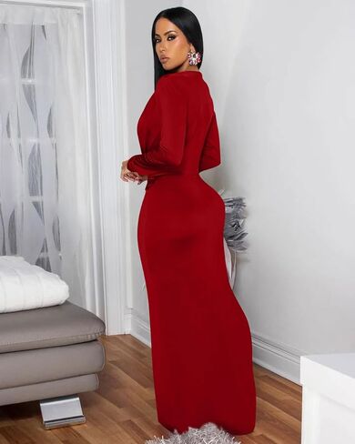 Memoriesea Women's Elegant Long Sleeve Deep V Neck Bodycon Party Evening Gown Maxi Dress in Kuwait