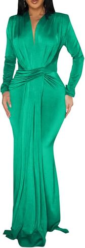 Memoriesea Women's Elegant Long Sleeve Deep V Neck Bodycon Party Evening Gown Maxi Dress in Kuwait
